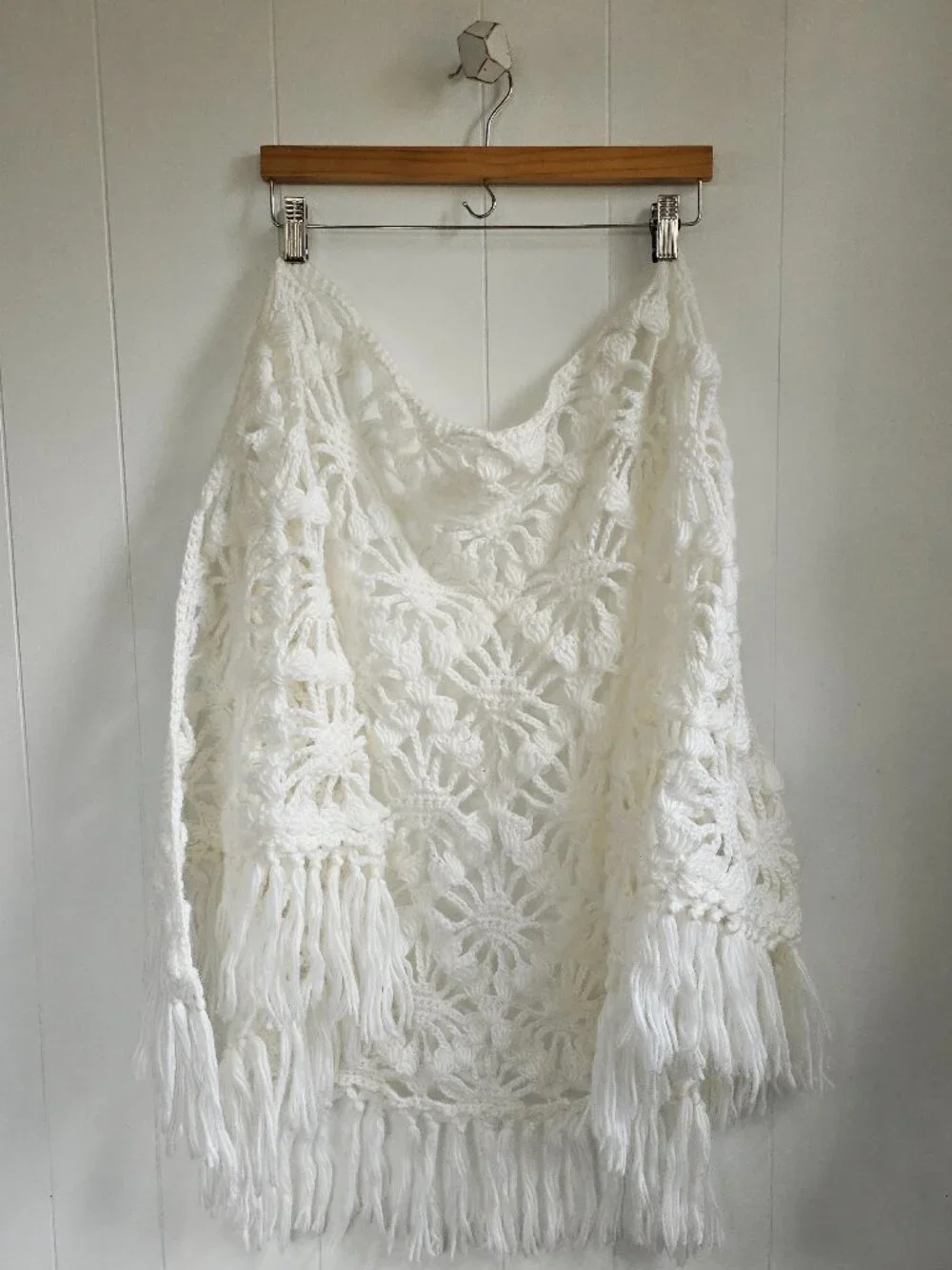 White Crochet Fringe Wrap Scarf